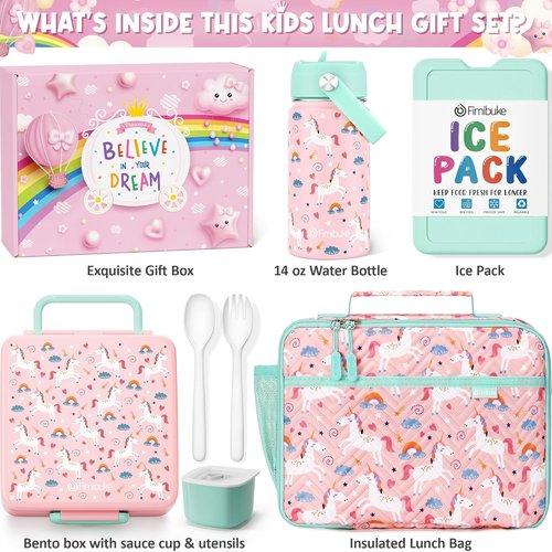Fimibuke Kids Bento Lunch Box - 4 Compartments with Insulated Bag & Stainless Steel Bottle | Perfect Birthday Gift for Ages 3-12