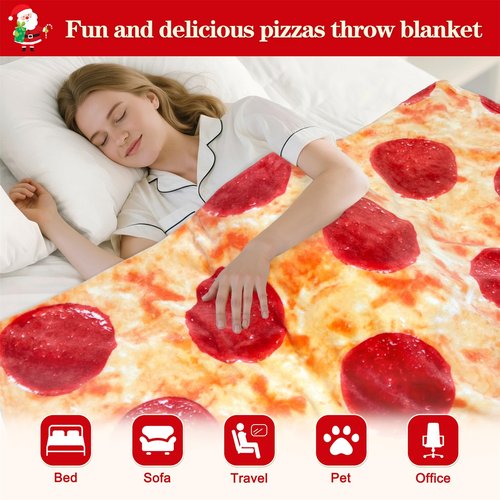 mermaker Pepperoni Pizzas Blanket 60 inches for Adult Kids, Realistic Pizzas Throw Blanket Funny Gifts for Women Men Teen Boy Girl, 285 GSM Soft Flannel Food Blanket for Christmas Birthday Gifts-Red