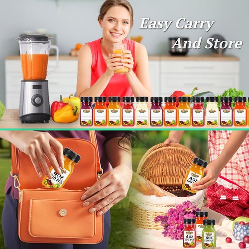 100PCS 4OZ Plastic Juice Bottles with Caps, Clear Shot Bottles Reusable Containers with Labels, Funnel and Brush，Suitable for Juice Milk, Tea, Drinking, Smoothie, and Other Beverages (100, 4, ounces)