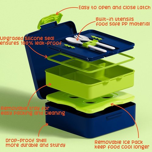 Fimibuke Bento Box - Leak Proof Lunch Container with Ice Pack | BPA-Free, 4 Compartments, Microwave & Dishwasher Safe for Kids & Adults