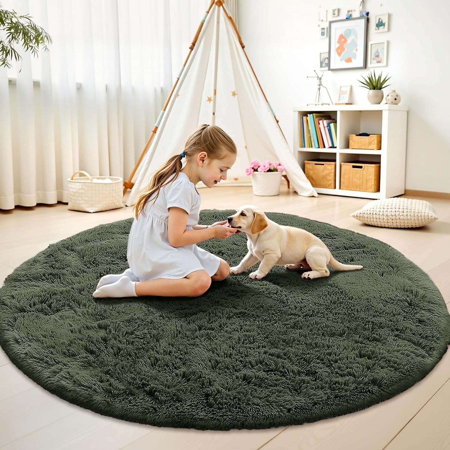 OLANLY Olive Green Round Rug - Soft, Fluffy Shaggy Carpet for Bedroom | 9 ft Circle Area Rug