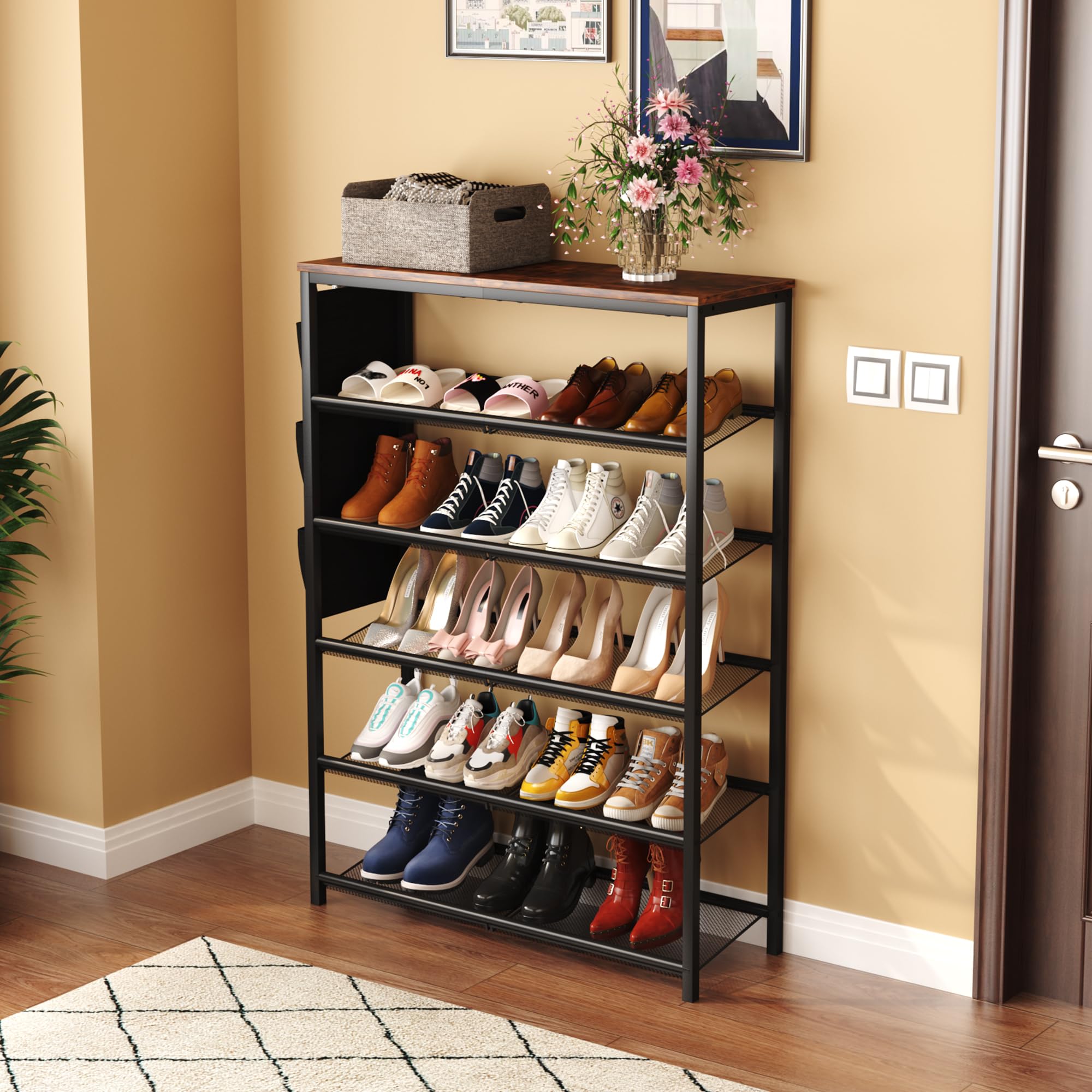 HOMEFORT 6 Tiers Shoe Rack for Entryway,30" Shoe Storage Shelf for Closet, Shoe Organizer with Adjustable Mesh Shelves, for 18-24 Pairs of Shoes, Industrial Shoe Stand with Side Pocket,Rustic Brown