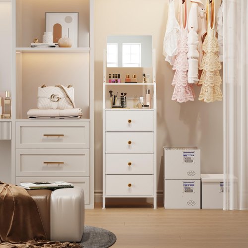 HIGDBFE 4-Drawer Dresser with Mirror, Fabric Storage with 2-Tier Shelves, Freestanding Chest Organizer Unit, Tall Chest of Drawers with Steel Frame Wood Top for Bedroom, Hallway, White, 15.3" W