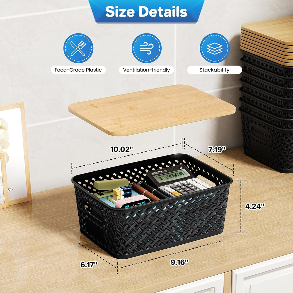 Anysig Plastic Storage Bins - 8 Pack Stackable Baskets with Bamboo Lids for Organizing | Black