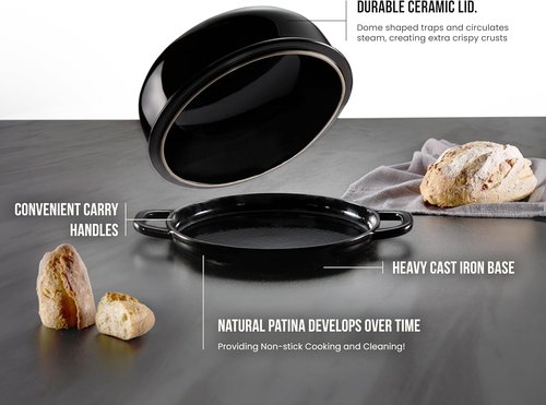 Kook Enameled Cast Iron Bread Oven - Versatile Baking & Roasting Pan with Ceramic Lid | Black