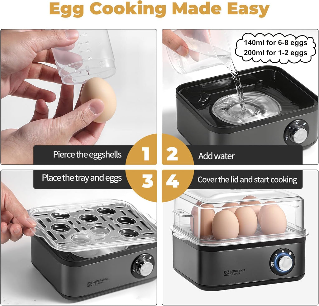 Annie & Mia Design Electric Egg Cooker - 8 Egg Capacity, 500W Rapid Boiling, Auto Shut-Off | Black