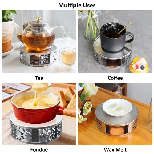 Tea Warmer Petals Silhouette, JUKFITA Silver Brushed Stainless Steel Teapot Warmer, Includes 1 Tealight Holder