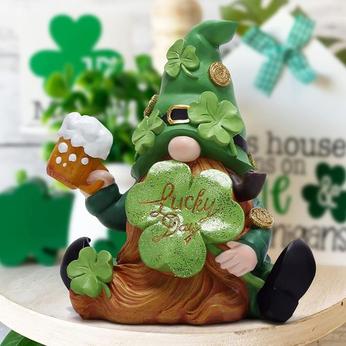 Hodao Green St. Patrick's Day Gnome Figurine - 6" Handmade Resin Elf for Spring Decor