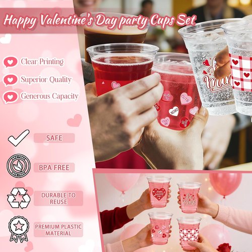 50Pcs Valentine's Day Party Decoration Cups, 12oz Pink Red Valentine's Day Heart Disposable Clear Plastic Cup for Valentines Day Birthday Wedding Drinkware Beverage Drinks Party Decor Supplies