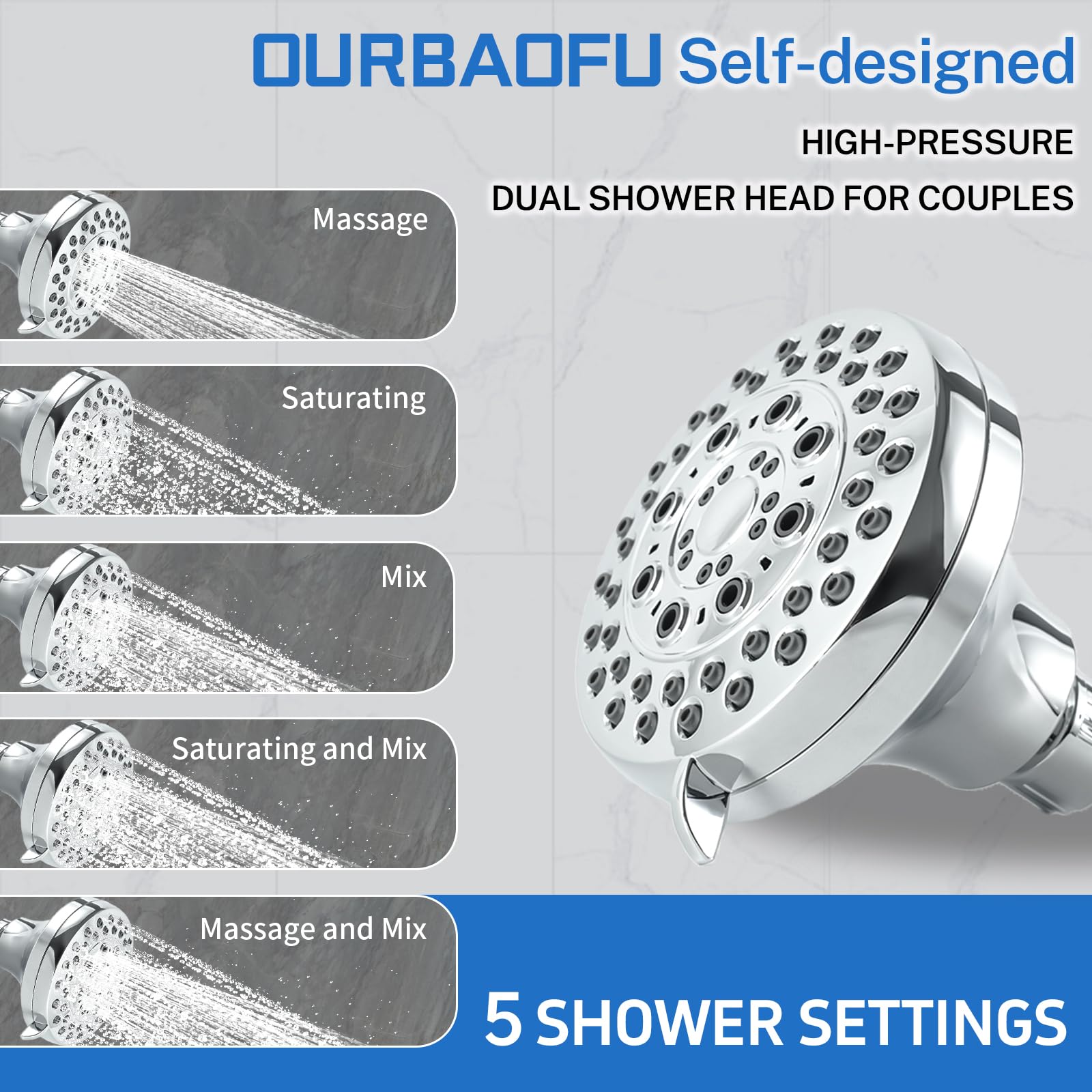 OURBAOFU Tandem Shower Heads, Double Shower Head for Couples, Dual Shower Head System for Two People, High Pressure and Adjustable Double Shower Heads (Silver)