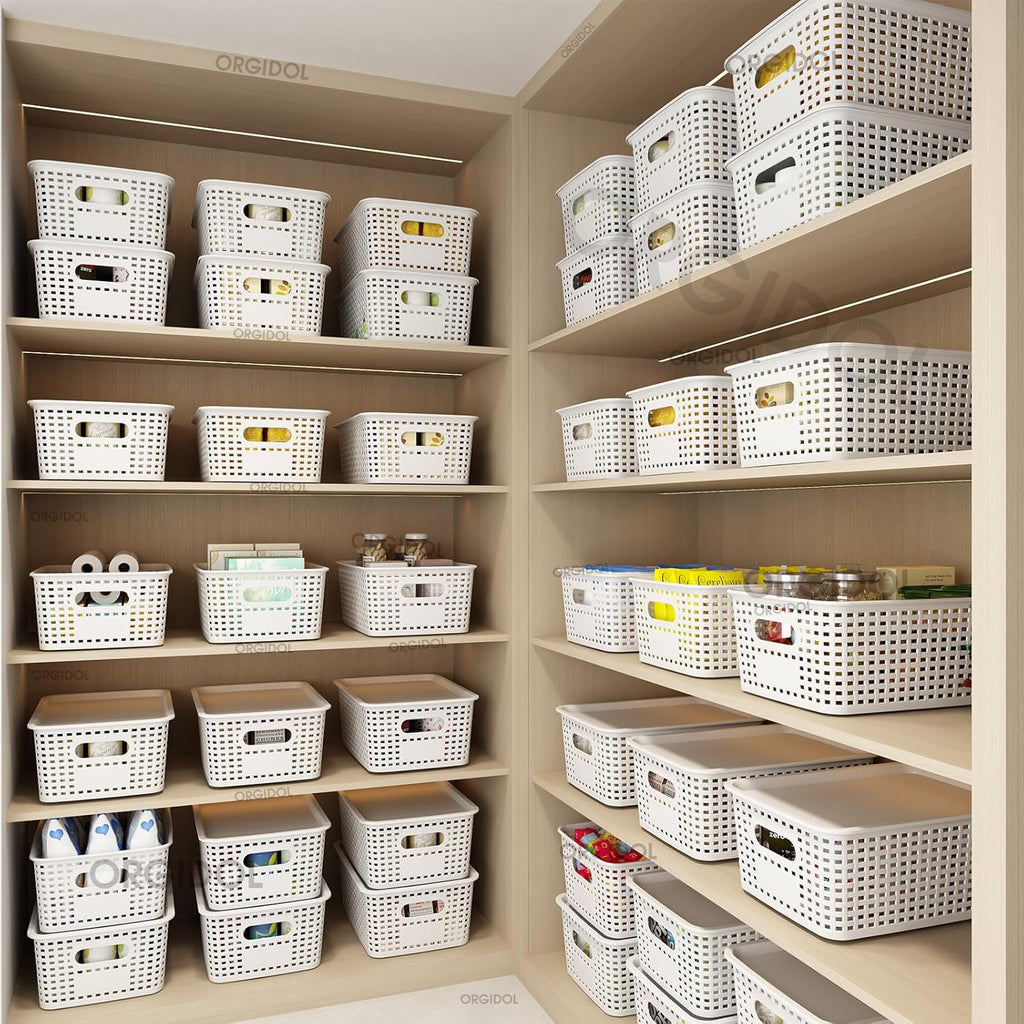 ORGIDOL Stackable Plastic Storage Baskets - 10 Pack with Lids for Organizing Home & Office | White