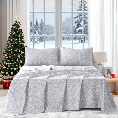 ROOYE Christmas Queen Size Bed Sheets, 4 Piece Floral Pattern Sheets Queen, 17" Deep Pocket, Soft Luxury Brushed Microfiber Cooling Sheets, Easy Care, Light Grey Paisley