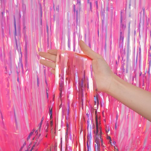 GREATRIL Iridescent Pink Tinsel Foil Fringe Curtain - 3.2 x 6.5 Ft | 2 Pack Party Streamers for Elegant Decor