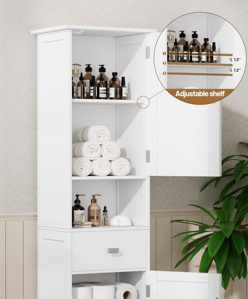 Akxoml Tall Bathroom Storage Cabinet with 2 Doors, 67" H Narrow Floor Cabinet with Adjustable Shelves and Drawer, Anti-Tip Design, 11.8 x 12.6 x 66.9 Inches, for Bathroom, Kitchen，Entryway, White