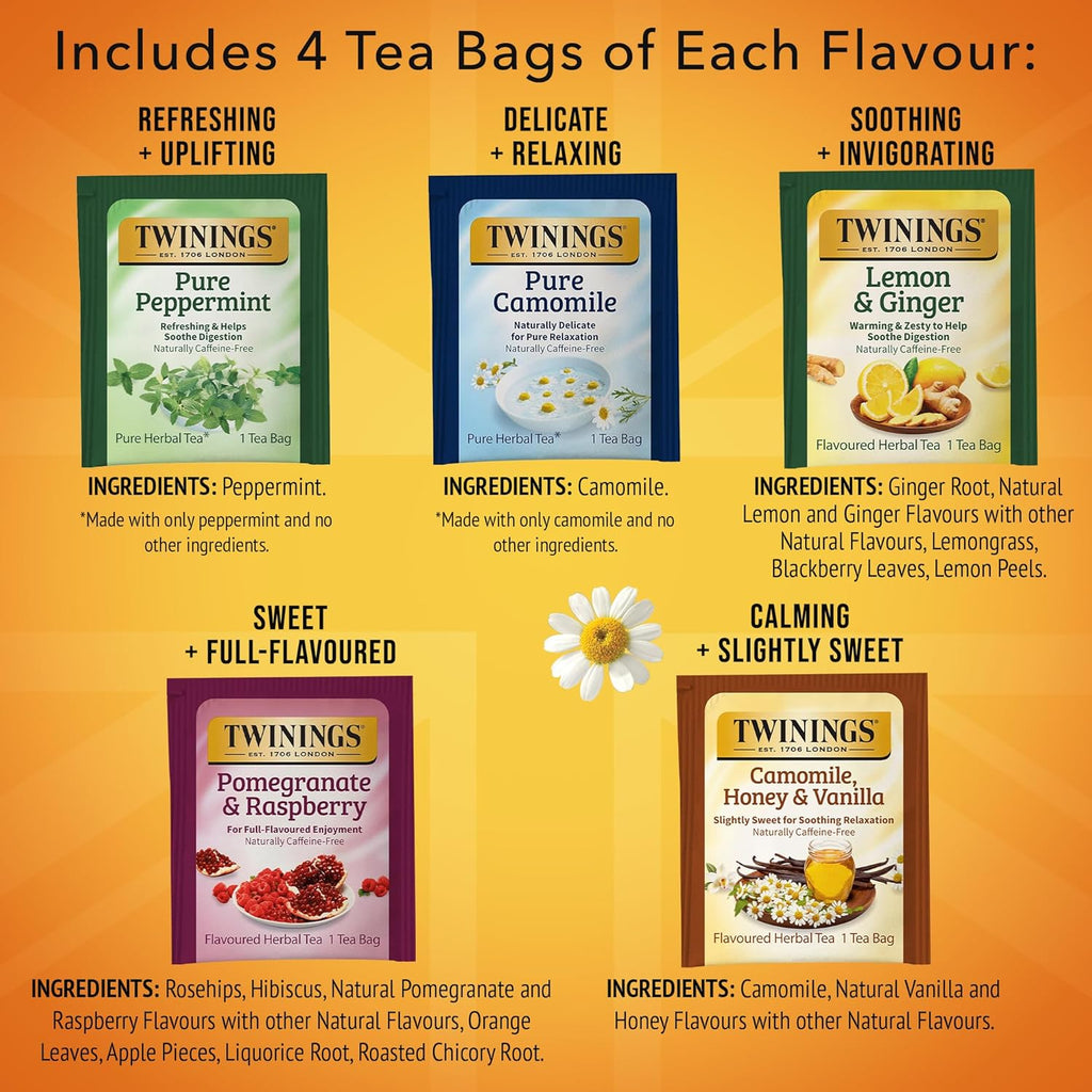 Twinings Herbal Tea Variety Pack - 20 Count (Pack of 6) | 5 Delicious Flavors, Caffeine-Free