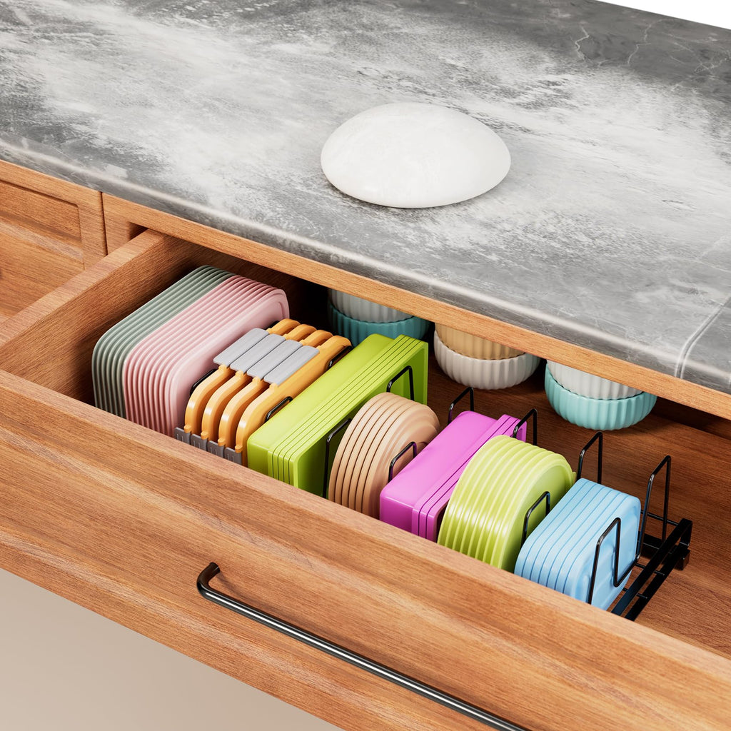 GAGUIUP Premium Adjustable Kitchen Bakeware and Pan Organizer - Food Container Lid Organizer Ideal for Cabinet, Drawers, Cupboard, Pantry Storage, Matte Black