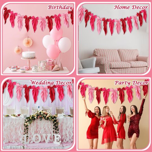 Pink Bow Garland Banner for Bachelorette Party Decorations Satin Ribbon Bow Knot Hanging Garland Banner Red Birthday Decor for Bridal Shower Wedding Engagement Party Supplies Favors (3 Red)