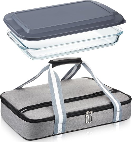 FoldTier Glass Baking Dish - 9 x 13 Inch Casserole with Lid & Insulated Carrier Bag for Hot or Cold Food