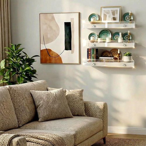 3 Pack Wooden Floating Shelves for Wall with Acrylic Front Lip, 15.7 IN Wall Mounted Rustic Style Shelves for Bathroom, Bedroom, Living Room, Kitchen, Hanging Shelves, White