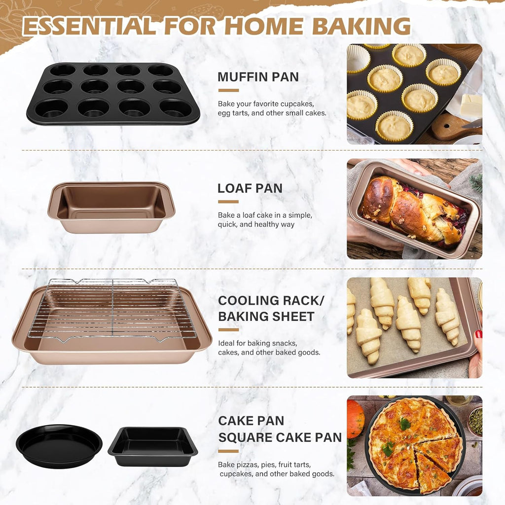 Skiennix Nonstick Bakeware Set - 15-Piece Baking Pan Set with Cooling Rack & Accessories - Oven Safe Metal