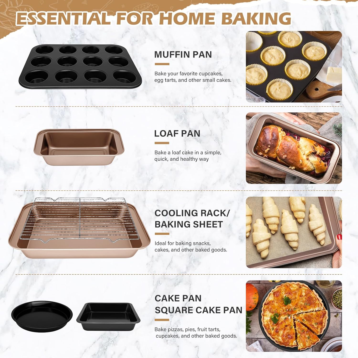 Skiennix Nonstick Bakeware Set - 15-Piece Baking Pan Set with Cooling Rack & Accessories - Oven Safe Metal