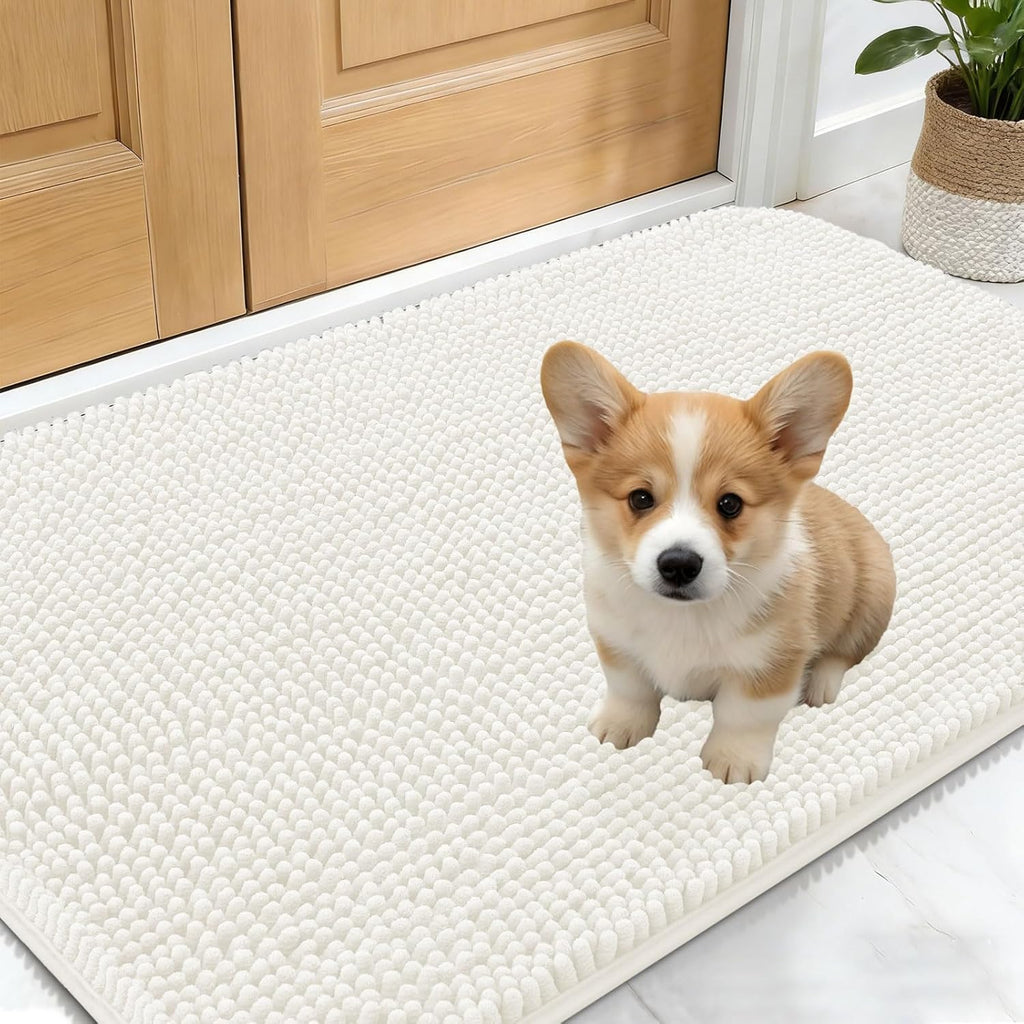 OLANLY Dog Door Mat - Absorbent Non-Slip Chenille for Muddy Paws | 24x16 Ivory Indoor Entryway Carpet