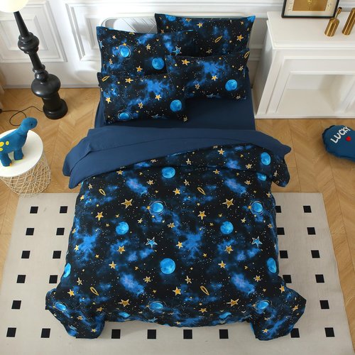 Aqzuxira Glow in The Dark Kids Comforter Set, 5 Pieces Blue Space Bedding Set Twin Size for Boys Girls Teen, 1 Comforter, 1 Pillowcase, 1 Pillow Sham, 1 Flat Sheet, 1 Fitted Sheet