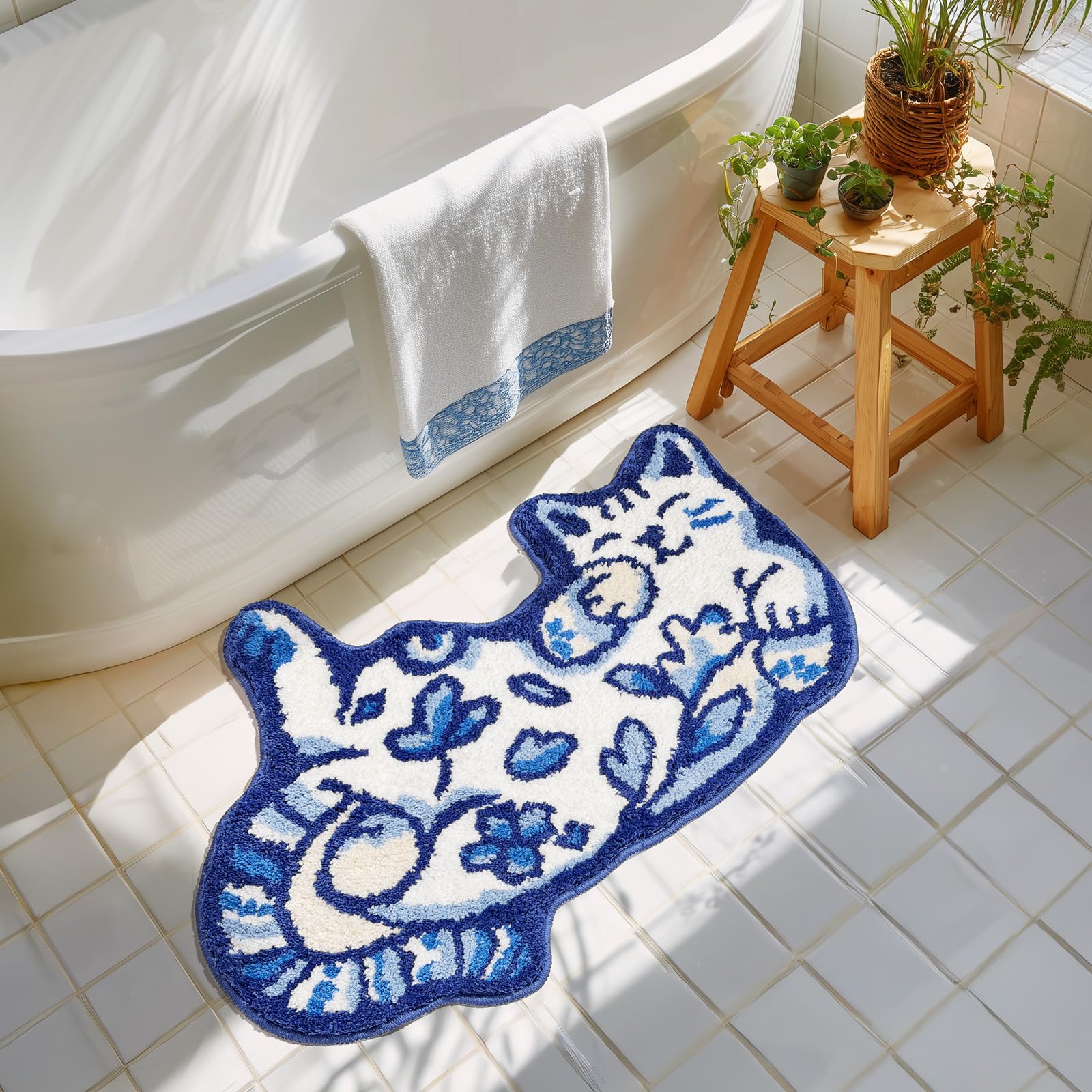 Softania Blue Delft Cat Rug - Cute Cat Bathroom Rug Super Absorbent & Non-Slip Bath Mat, Soft Fuzzy Cute Mat for Small Bathroom or Shower Floor