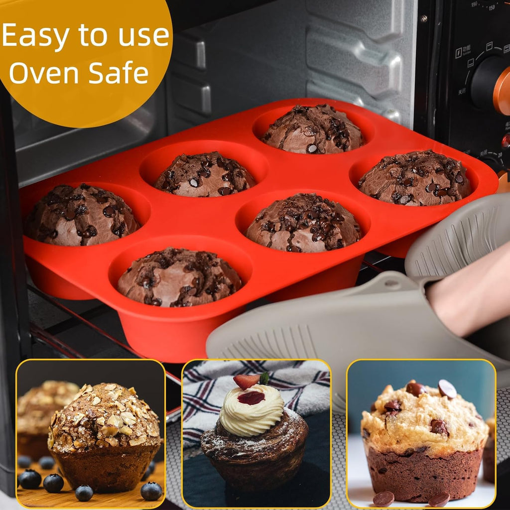 Skiennix Jumbo Muffin Pan - 6 Cup Silicone Baking Mold | 3.5 Inch Non-Stick Design