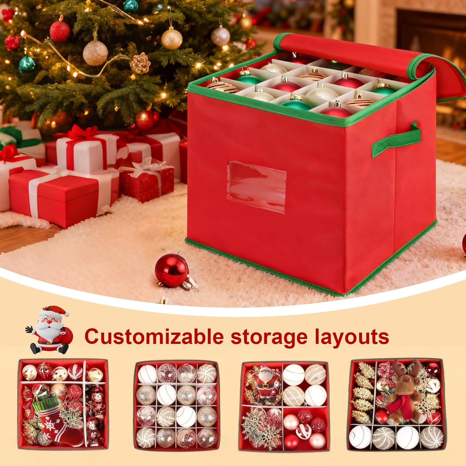 Regine Switzerland Christmas Ornament Storage Box - Holds Up To 64 Ornaments | Red Oxford Canvas With 4 Removable Trays