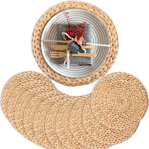 10 Pcs Natural Water Hyacinth Round Placemats Set of 10, Boho Wicker Placemats, Chargers for Dinner Plates, Home Decor Dining Table, Kitchen Decor, Kitchen Table Centerpiece, Charger Plates 11.8 Inch