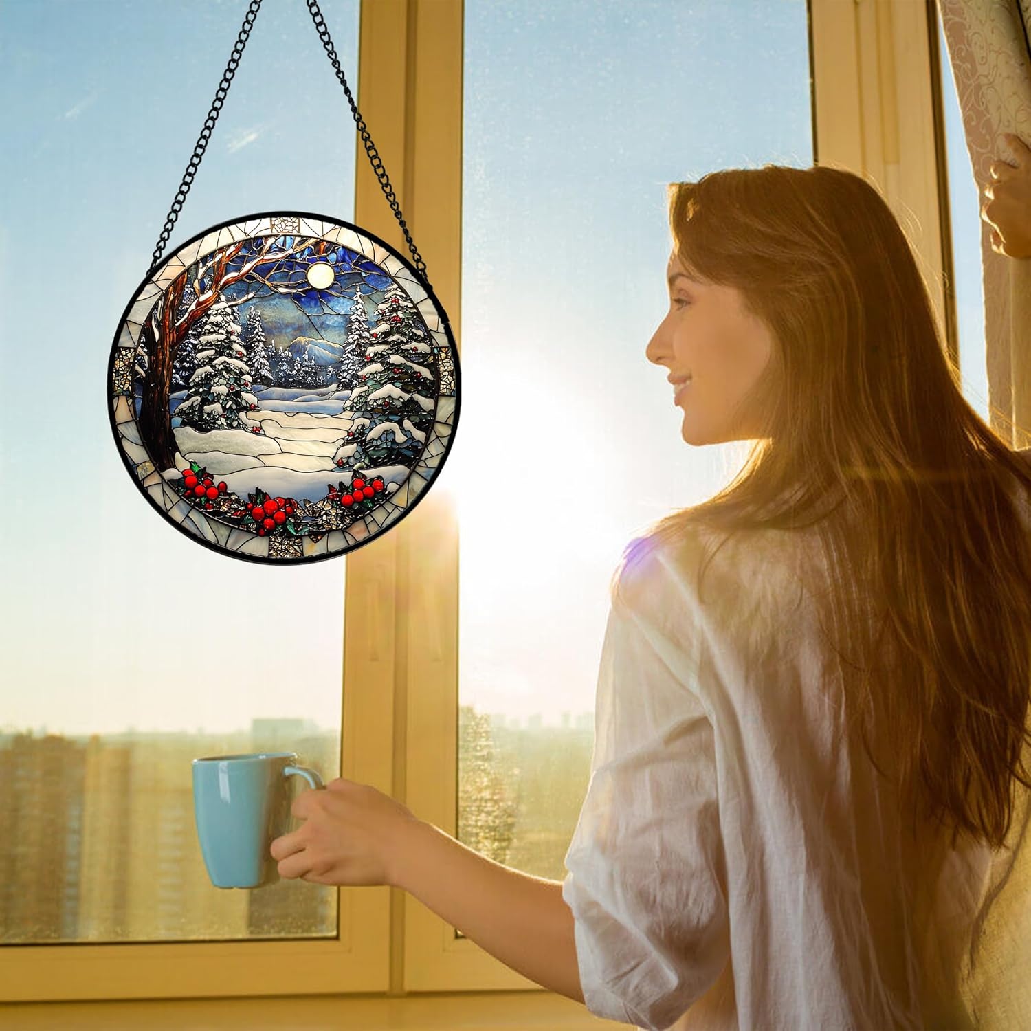 DASTOLL Stained Glass Window Hanging - Winter Snow Night Scenery Suncatcher | 7.8" Home Decor Gift
