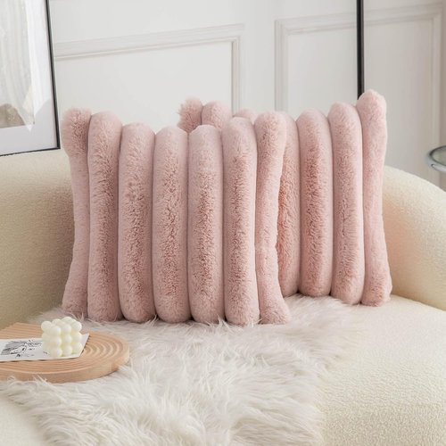 Neelvin Pink Faux Fur Throw Pillow Covers - Cozy Striped Velvet Cushion Cases | 18x18 Inch Set of 2