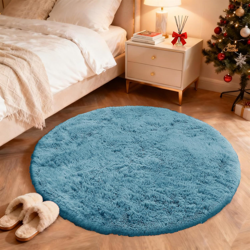 OLANLY Round Slate Blue Area Rug - Soft, Machine Washable 7 ft Shaggy Carpet for Bedroom & Living Room