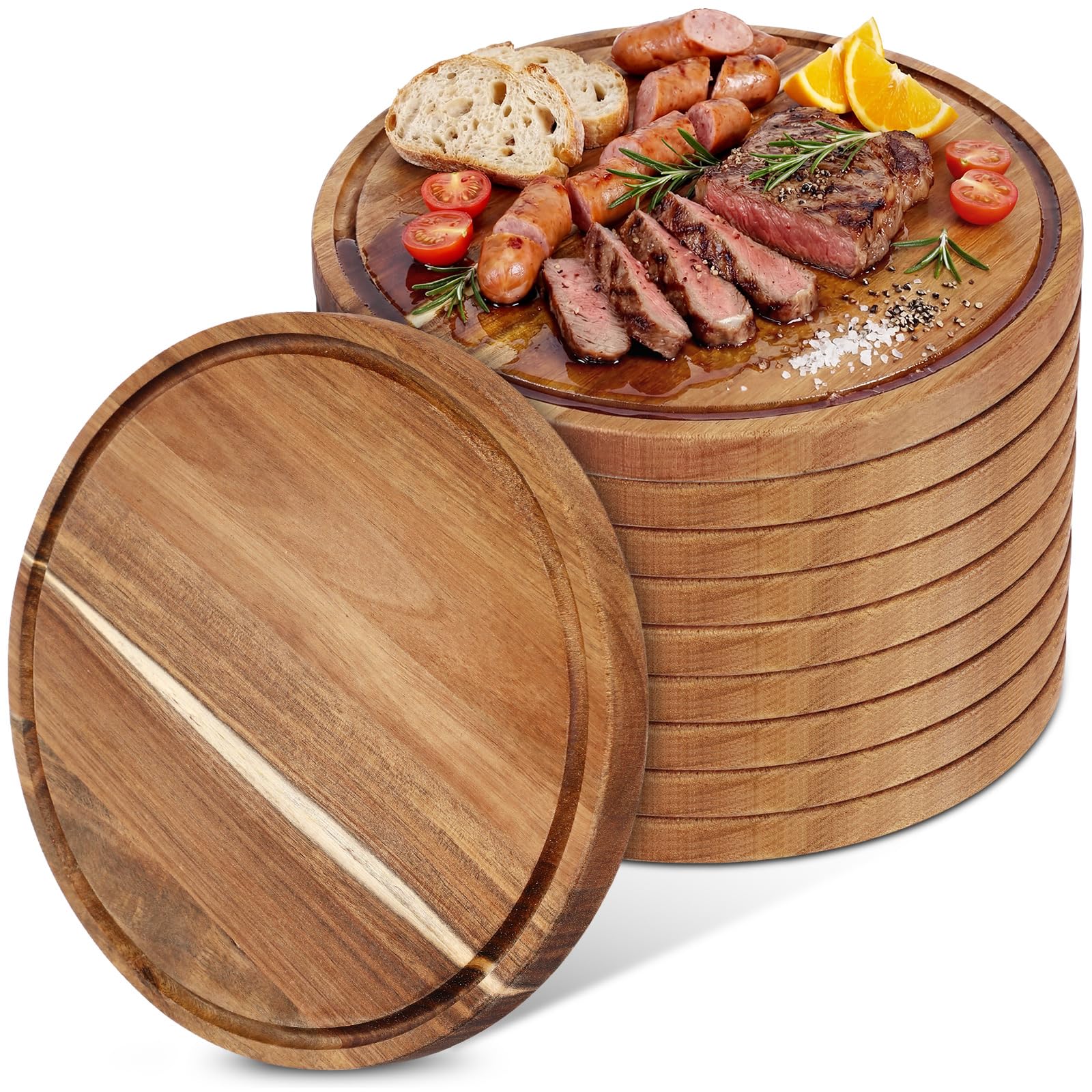 Patelai 10 Pcs Round Wood Cutting Boards Bulk 14 Inch Acacia Wooden Charcuterie Boards 0.6 Inch Thick with Juice Groove Bread Pizza Meat Fruit Cheese Vegetable Chopping Cutting Kitchen Serving Tray
