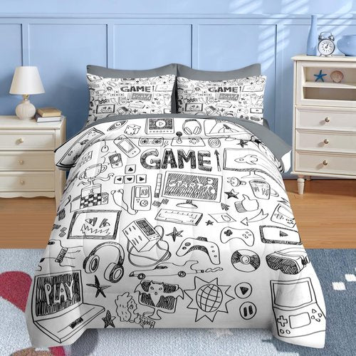 Nesker Comforter Set Twin Size, Computer Games Doodles 5 Pcs Bedding for Kids Teens, Gamer Gaming Black Bedding Set with Pillowcase & Sham