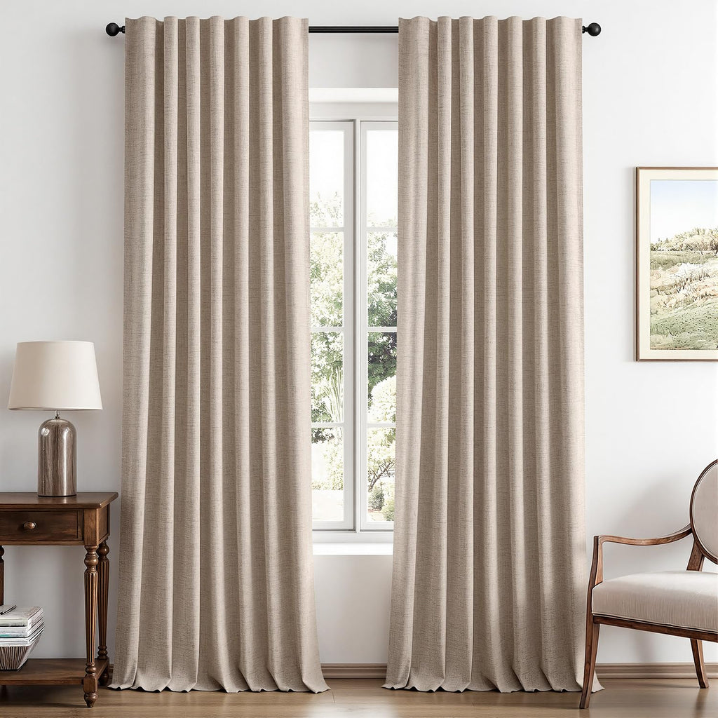 MIULEE 100% Blackout Linen Curtains for Bedroom, Beige Solid Luxury Decor Thermal Insulation Room Darkening Drapes for Living Room Back Tab Rod Pocket 42 x 96 Inches, 2 Panels