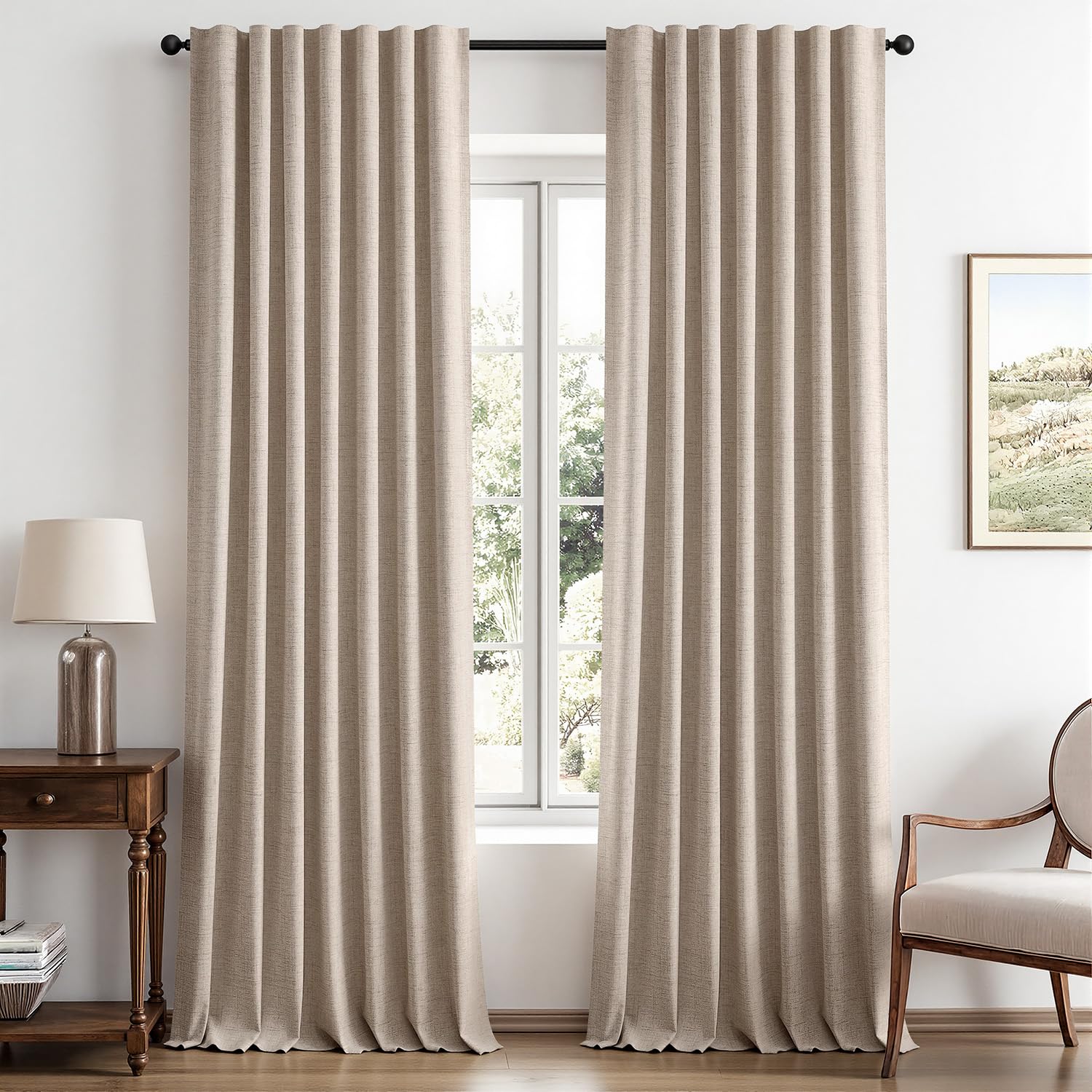 MIULEE 100% Blackout Linen Curtains for Bedroom, Beige Solid Luxury Decor Thermal Insulation Room Darkening Drapes for Living Room Back Tab Rod Pocket 42 x 96 Inches, 2 Panels