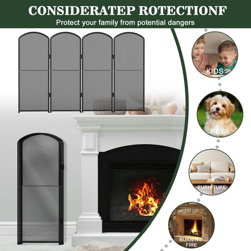 HEOMU Fireplace Screen Stand Black 4 Panel Foldable Decorative Fireplace Screen Fireplace Cover,Metal Fire Spark Guard Cover for Home Indoor Fireplace,47.8" W x 31" H