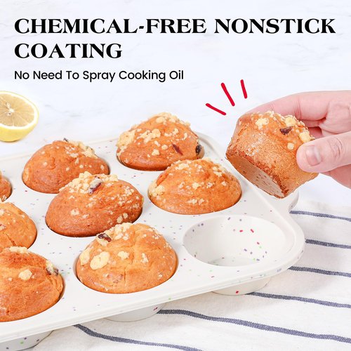AOTASO 3 Pcs Silicone Baking Pan Set - Including 1 Pc Mini Loaf Pan, Standard Muffin Pan and Mini Muffin Pan - Silicone Cupcake Molds With Metal Reinforced Frame (Cream)