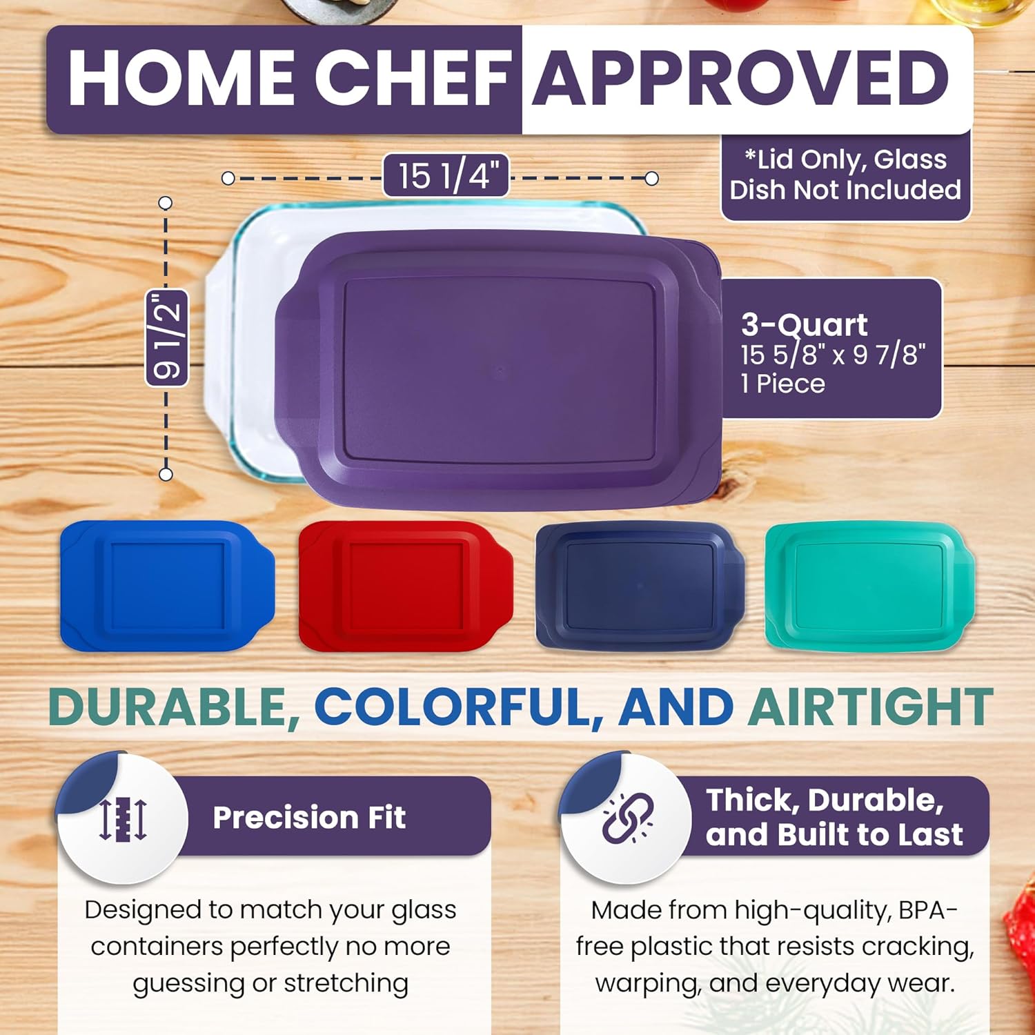 Pyrex Replacement Lid - Fits 9x13 Glass Casserole Baking Dish with Tab Handles | 3-Quart Model 233-PC (Purple)