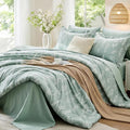 MUXHOMO Queen Comforter Set - 7-Piece Sage Green Reversible Bedding with Botanical Design & Ultra Soft Sheets