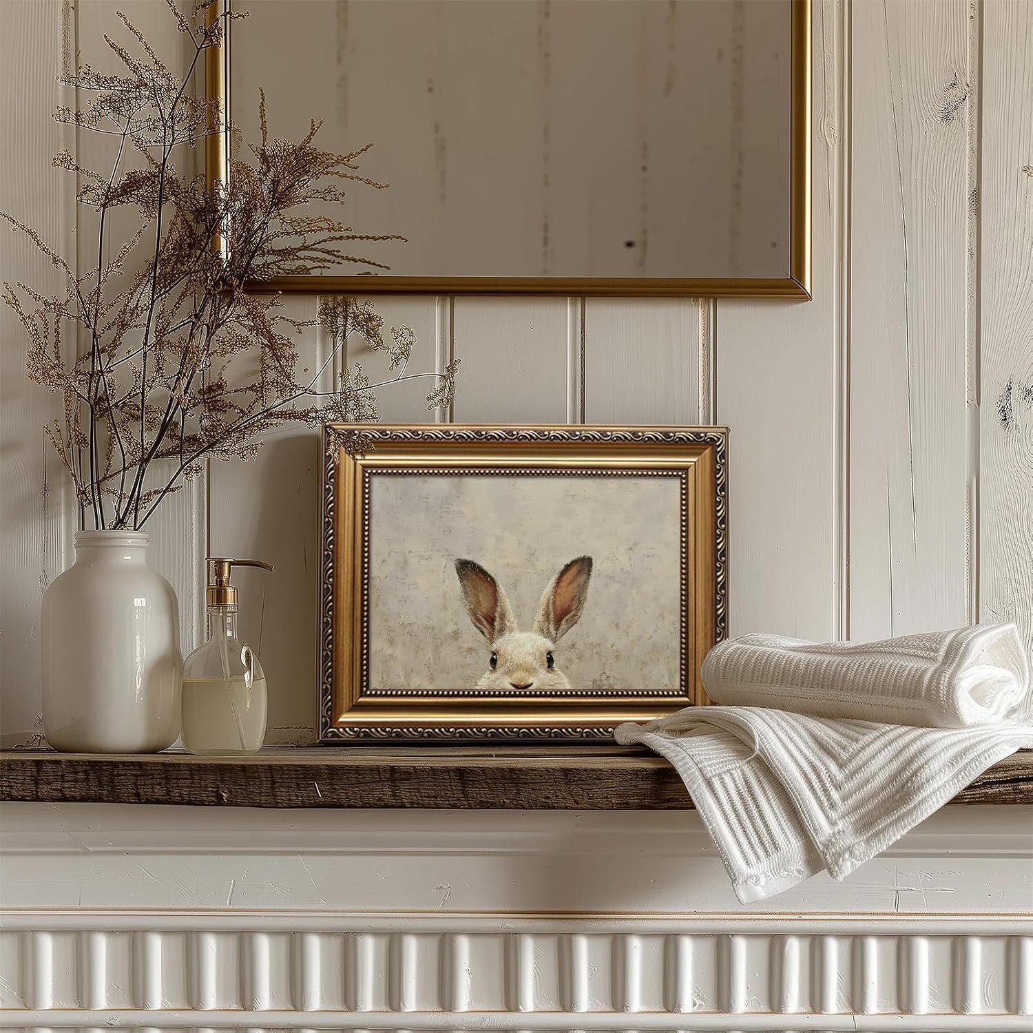 Uniro Vintage Gold Framed Wall Art - Easter Bunny Canvas Oil Painting Poster for Rustic Decor | 9x12 Inch