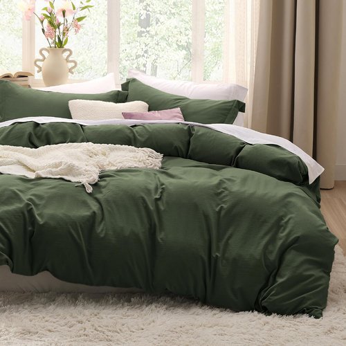 Bedsure Olive Green Duvet Cover Set - Extra Soft Prewashed Cotton-Like Polyester, Queen Size 90x90 Inches, Includes 2 Pillow Shams