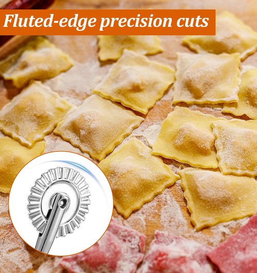 Fluted Pastry Cutter, Pasta Cutter Wheel 6.3 Inch Stainless Steel with Ergonomic Oak Handle for Pasta, Dumplings & Noodles, 360° Effortless Cutting