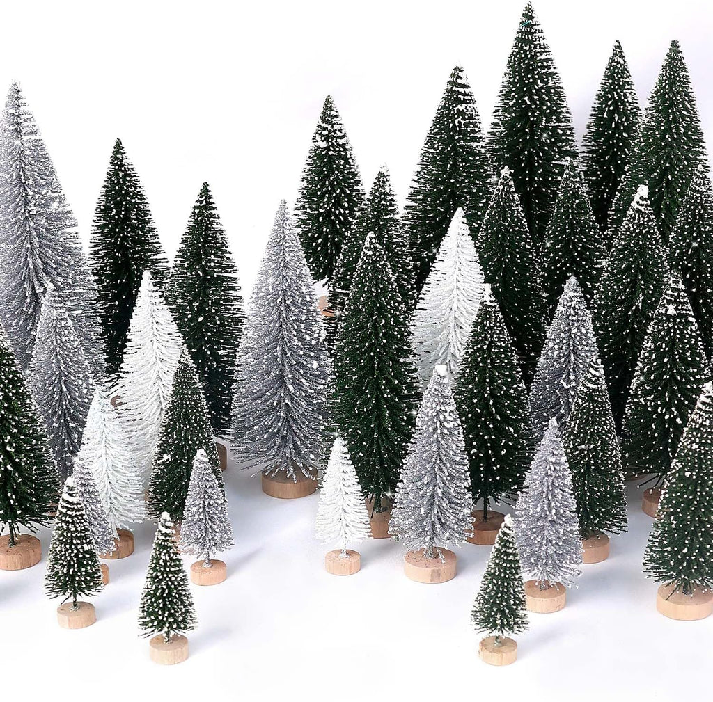 Skiennix Mini Christmas Trees - 30Pcs Artificial Bottle Brush Trees with Wooden Base for Festive Decor | Green, Silver, White