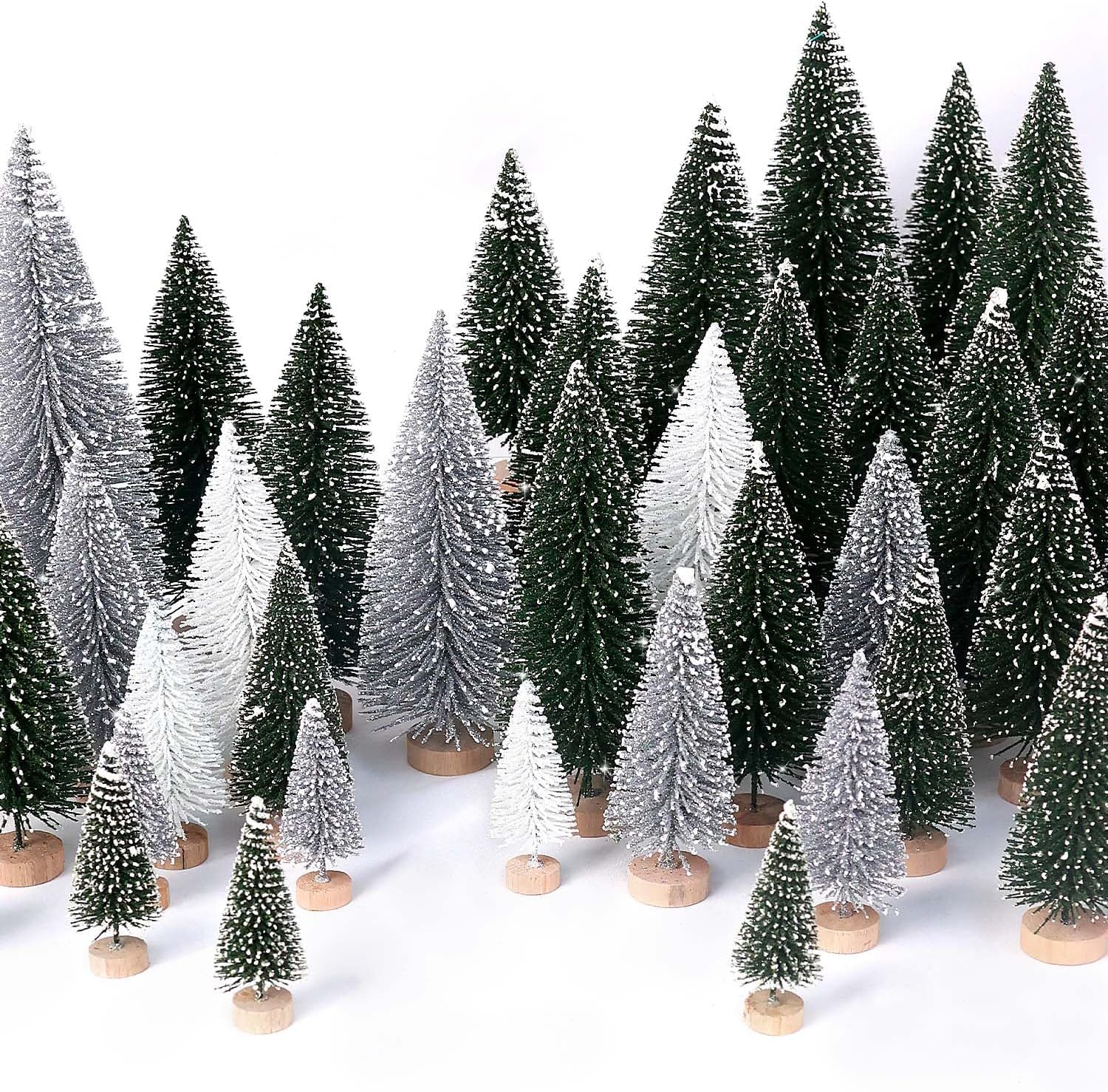 Skiennix Mini Christmas Trees - 30Pcs Artificial Bottle Brush Trees with Wooden Base for Festive Decor | Green, Silver, White