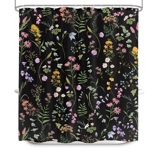 LIGHTINHOME Black Floral Shower Curtain 60Wx72H Inches Cute Dark Wildflower Rustic Flower Blossom Farmhouse Leaves Botanical Cloth Fabric Waterproof Polyester Bathroom Home Decor Set with Hooks