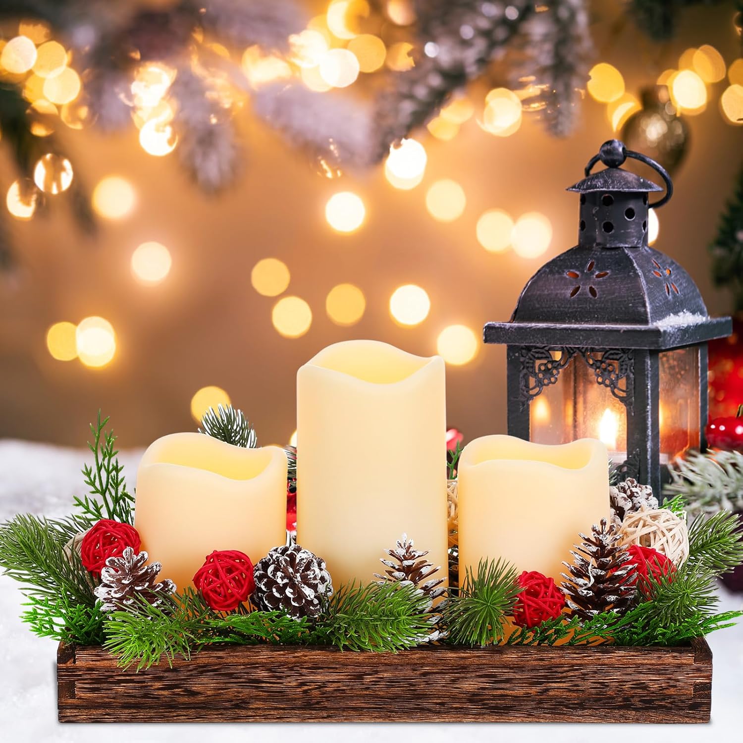 Tioncy Christmas Table Centerpiece - Rustic Wood Box Tray with Artificial Pine Picks & Candles