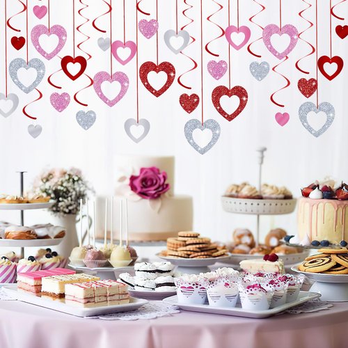 MARFOREVER 48 Pcs Valentine's Day Decorations Glitter Valentines Heart Garland Ornament Red Pink Silver Heart Hanging Swirls Ceiling Decorations for Valentines Day Galentines Day Party Supplies
